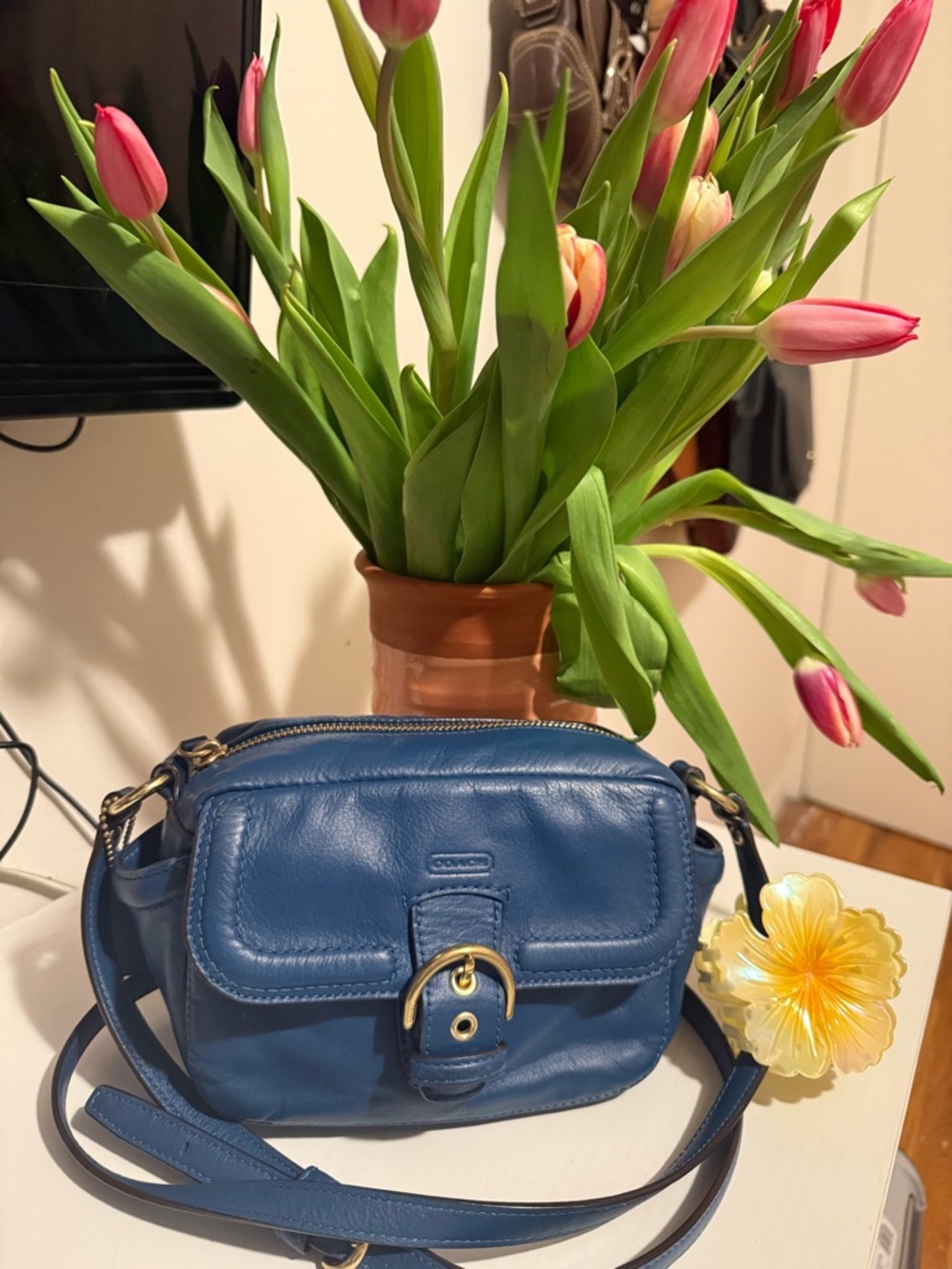 Blue Coach campbell Crossbody Bag with Buckle Detail